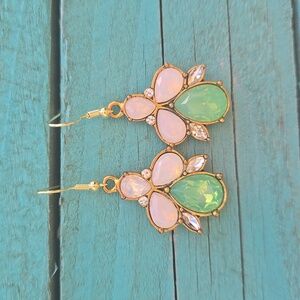 Handmade Gold White and Green Large Dangle Synthetic Gem Cluster Earrings